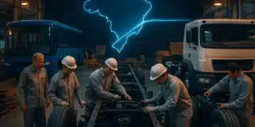 Decreto amplia acordo automotivo Brasil-Argentina e retoma tarifa zero para autopeças não produzidas no país 5 Foto jornalística: pátio de fábrica automotiva, linha azul conecta Brasil-Argentina; decreto amplia acordo automotivo.
