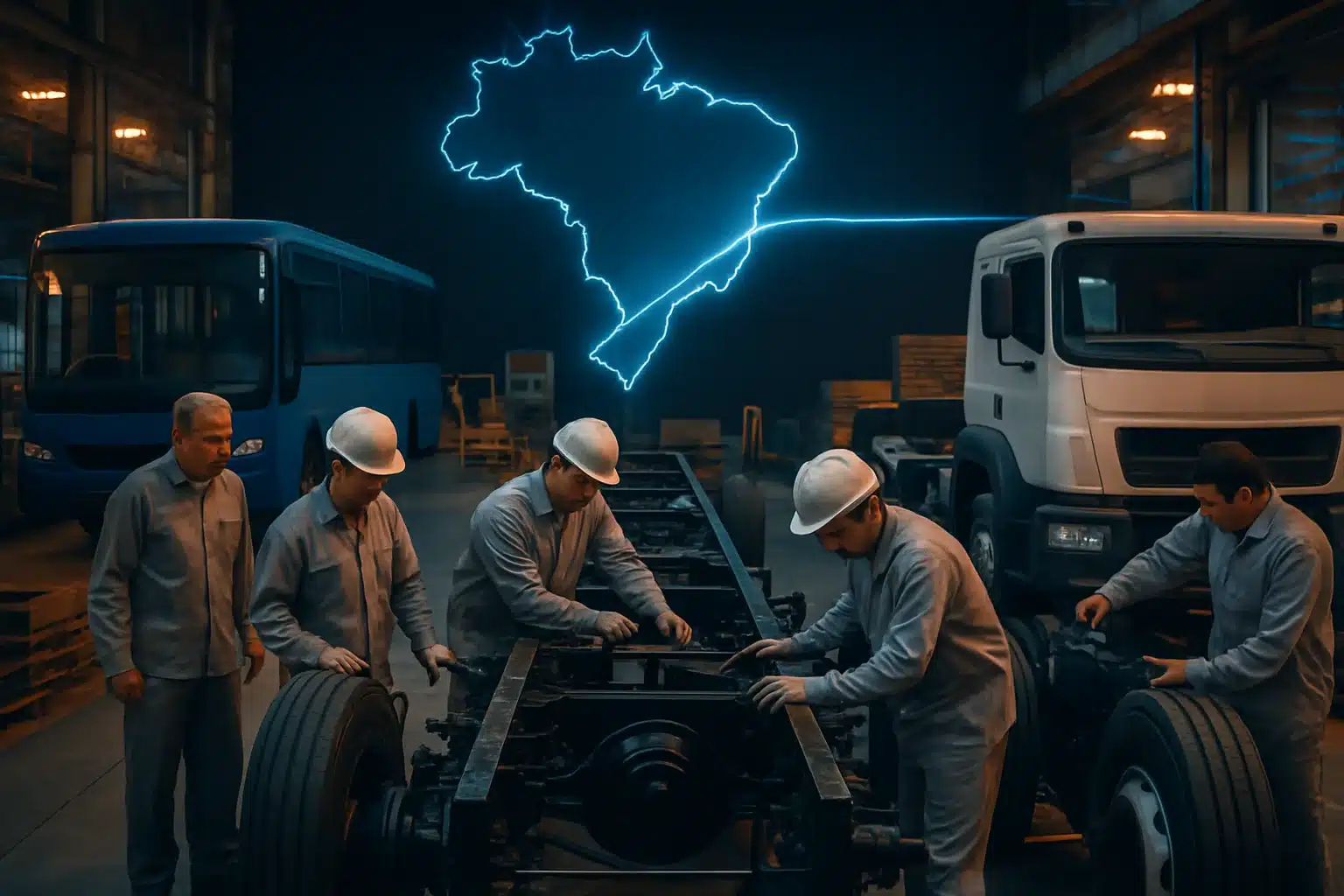 Foto jornalística: pátio de fábrica automotiva, linha azul conecta Brasil-Argentina; decreto amplia acordo automotivo.