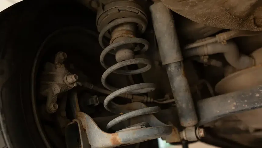 Suspensão de veículo mostrando amortecedor gasto com sinais de ferrugem e vazamento de óleo, destacando a importância da manutenção para segurança e estabilidade.