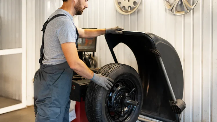 Mecânico realizando o balanceamento de rodas em uma máquina de oficina, ajustando o peso do pneu para garantir estabilidade e reduzir vibrações no veículo.
