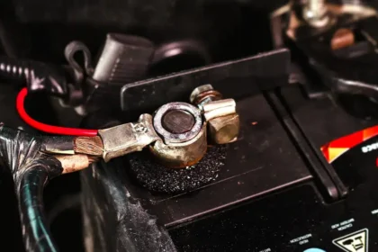 Close-up de terminal de bateria automotiva com sinais de oxida&ccedil;&atilde;o e corros&atilde;o, destacando a import&acirc;ncia da manuten&ccedil;&atilde;o preventiva e da limpeza correta dos cabos para garantir bom funcionamento el&eacute;trico do ve&iacute;culo.