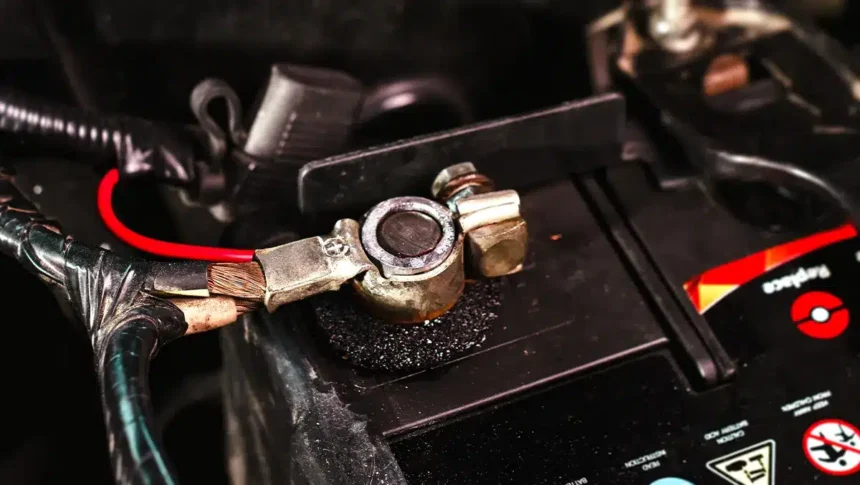 Close-up de terminal de bateria automotiva com sinais de oxidação e corrosão, destacando a importância da manutenção preventiva e da limpeza correta dos cabos para garantir bom funcionamento elétrico do veículo.