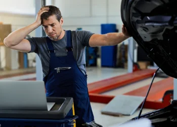 Mecânico preocupado analisando o motor de um carro após uma troca de óleo, representando falhas no veículo causadas por manutenção incorreta ou problemas no lubrificante.