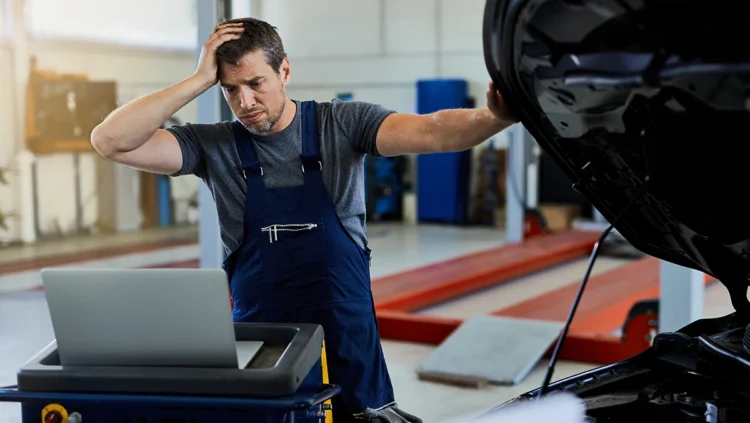 Mecânico preocupado analisando o motor de um carro após uma troca de óleo, representando falhas no veículo causadas por manutenção incorreta ou problemas no lubrificante.