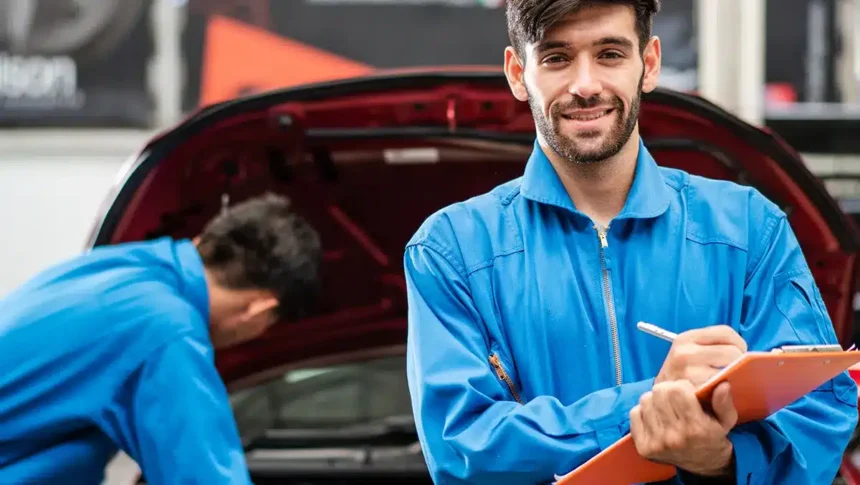 Mecânico sorridente em oficina realizando checklist de revisão de veículo antes de uma viagem, simbolizando a importância da manutenção preventiva e da preparação do carro para trajetos longos com segurança e tranquilidade.