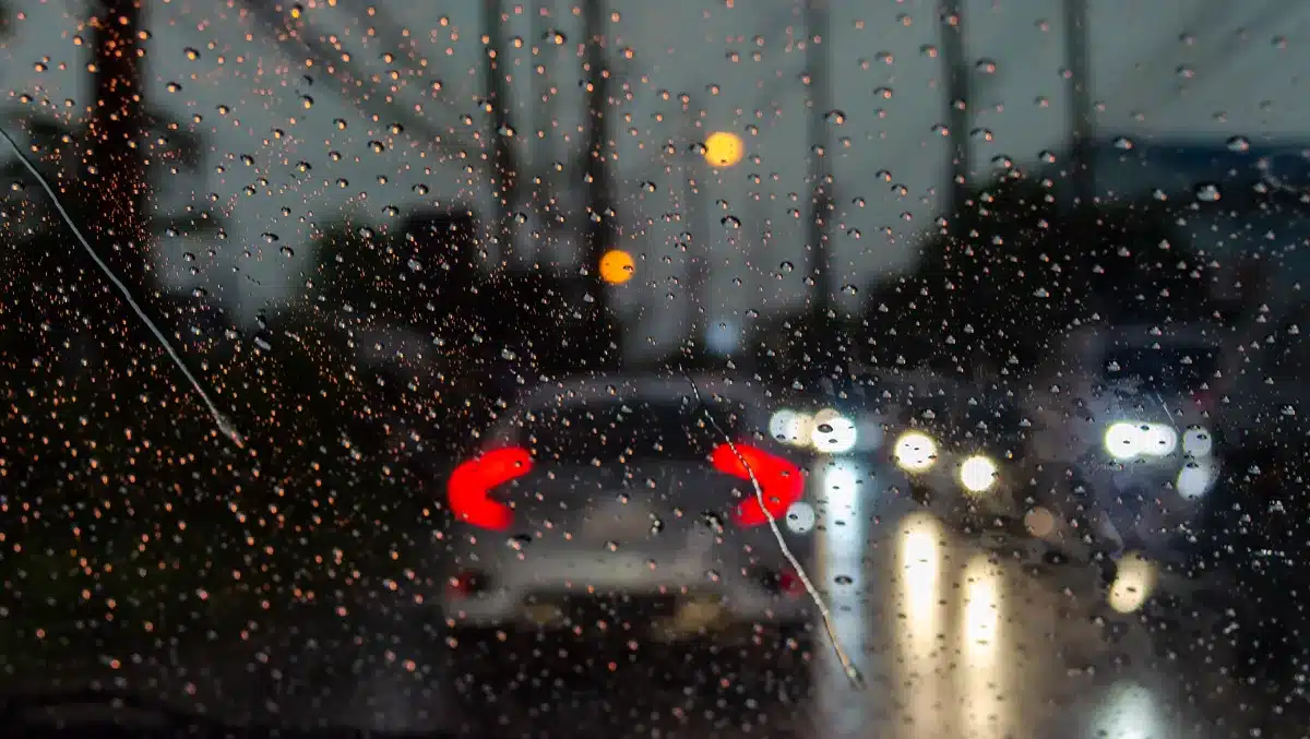 Vista de dentro de um carro em dia chuvoso, com gotas de água no para-brisa e veículos à frente com faróis acesos, representando os desafios e a importância da direção segura sob chuva.