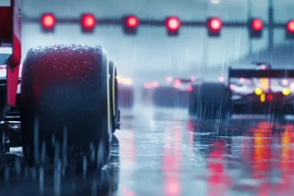 Carros de Fórmula 1 sob chuva leve nos boxes de Interlagos, com refletores vermelhos acesos e atmosfera intensa antes da corrida Sprint, simbolizando o treino livre da F1 Brasil.