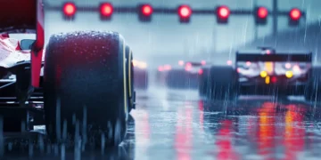 Carros de Fórmula 1 sob chuva leve nos boxes de Interlagos, com refletores vermelhos acesos e atmosfera intensa antes da corrida Sprint, simbolizando o treino livre da F1 Brasil.