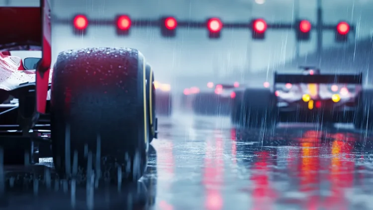 Carros de Fórmula 1 sob chuva leve nos boxes de Interlagos, com refletores vermelhos acesos e atmosfera intensa antes da corrida Sprint, simbolizando o treino livre da F1 Brasil.