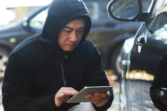Criminoso de capuz usando um tablet para acessar o sistema eletrônico de um carro, representando o golpe do CAN Invader usado para invadir veículos sem chave.
