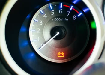 Painel de carro com luz de advertência da bateria acesa em vermelho, indicando possível falha no sistema de carga ou no alternador. A imagem representa a importância de agir rapidamente ao identificar esse alerta no veículo.