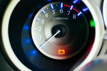 Painel de carro com luz de advert&ecirc;ncia da bateria acesa em vermelho, indicando poss&iacute;vel falha no sistema de carga ou no alternador. A imagem representa a import&acirc;ncia de agir rapidamente ao identificar esse alerta no ve&iacute;culo.