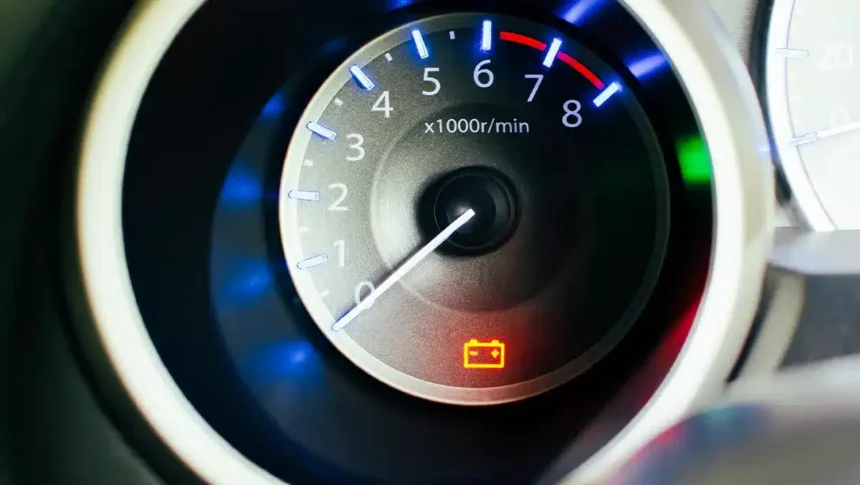 Painel de carro com luz de advertência da bateria acesa em vermelho, indicando possível falha no sistema de carga ou no alternador. A imagem representa a importância de agir rapidamente ao identificar esse alerta no veículo.