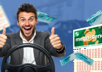 Homem empolgado segurando bilhetes da Mega Sena e sorrindo ao volante, simbolizando as simulações de quantos carros é possível comprar com o prêmio milionário do concurso 2938.