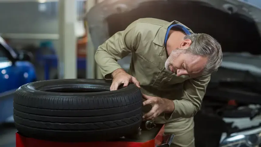 Mecânico inspecionando um pneu remold em oficina automotiva, verificando a qualidade da banda de rodagem e o estado da borracha reformada.