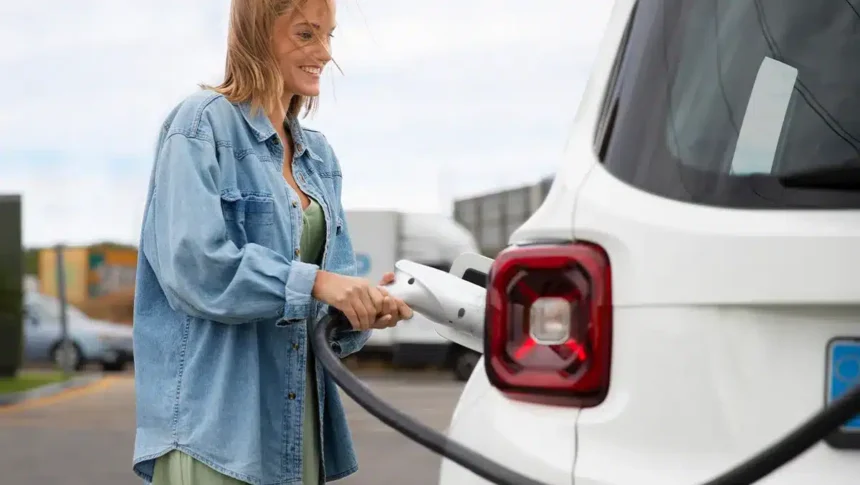 Mulher conectando cabo de recarga em carro elétrico branco em estação pública, representando o crescimento das vendas de veículos elétricos no Brasil e a expansão da infraestrutura de recarga.