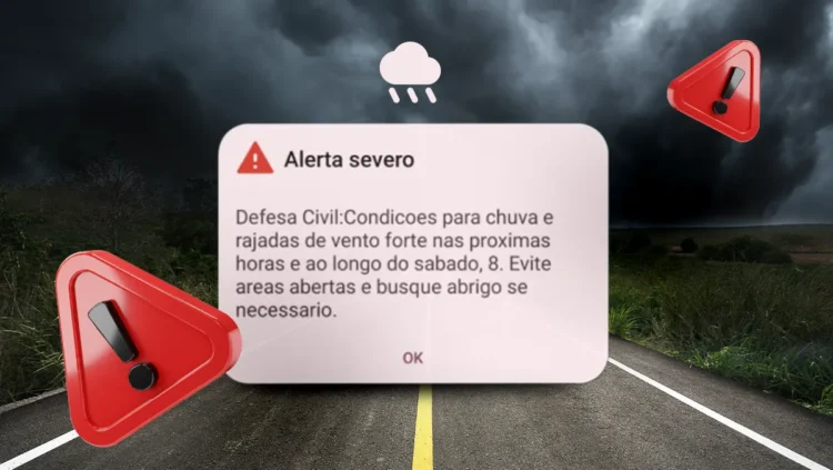 Painel de alerta climático em estrada sob chuva intensa, com vento forte e pista molhada, representando o aviso do Inmet sobre risco de ciclone extratropical e interdições nas rodovias BR-101 e BR-116.