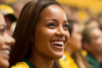 Mulher sorrindo vestida com as cores do Brasil em meio à multidão, representando o entusiasmo dos fãs no Grande Prêmio de São Paulo 2025, que bateu recorde histórico de público em Interlagos.