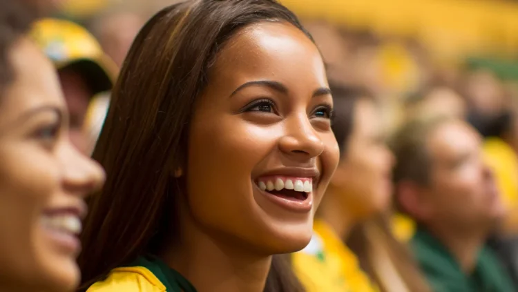 Mulher sorrindo vestida com as cores do Brasil em meio à multidão, representando o entusiasmo dos fãs no Grande Prêmio de São Paulo 2025, que bateu recorde histórico de público em Interlagos.