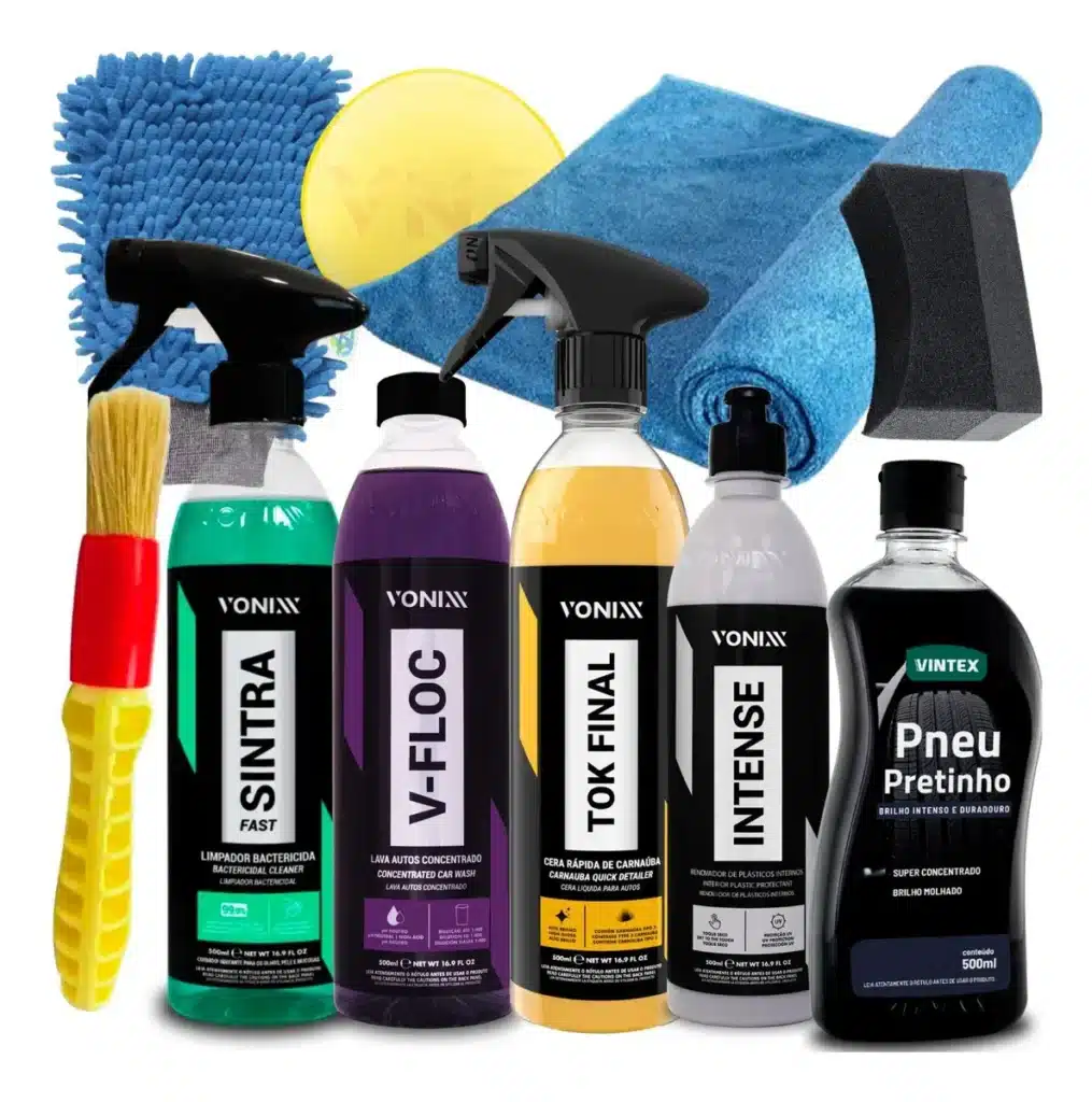 kit lavagem shampoo cera Tok Final Intense Sintra Fast Vonixx com frascos alinhados sobre bancada