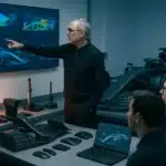 Engenheiro sênior de Fórmula 1 Adrian Newey no centro técnico, analisando painel aerodinâmico com equipe, elementos de fórmula 1 Adrian Newey.