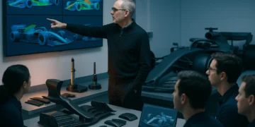 Engenheiro sênior de Fórmula 1 Adrian Newey no centro técnico, analisando painel aerodinâmico com equipe, elementos de fórmula 1 Adrian Newey.