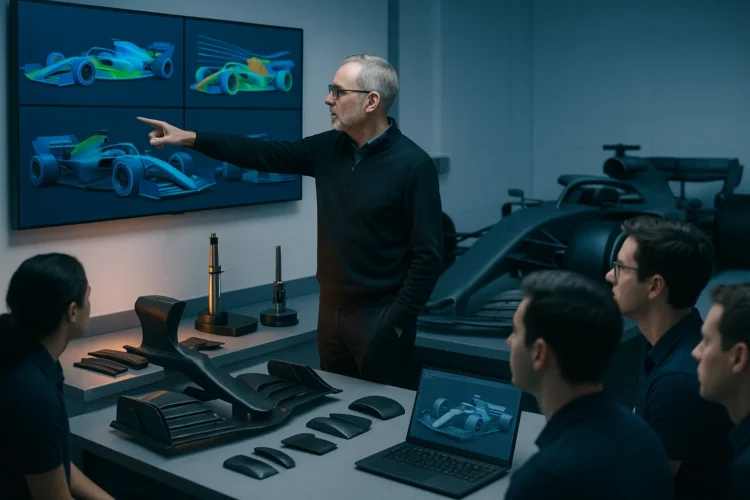 Engenheiro sênior de Fórmula 1 Adrian Newey no centro técnico, analisando painel aerodinâmico com equipe, elementos de fórmula 1 Adrian Newey.