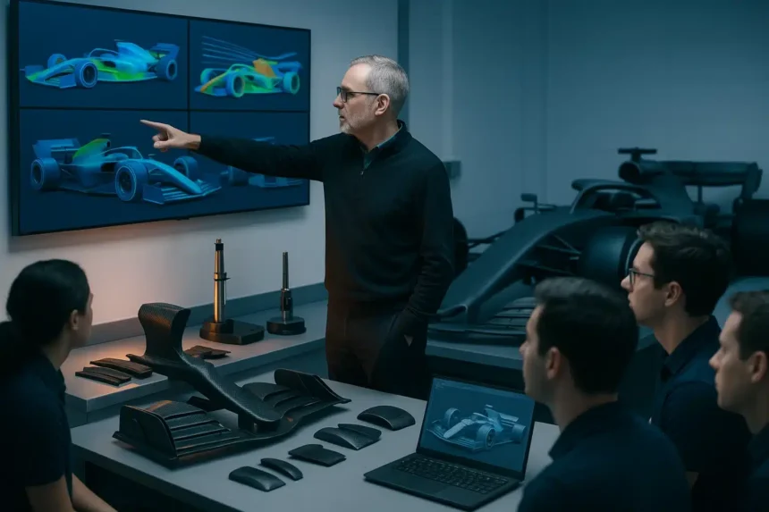 Adrian Newey na Aston Martin: a revolução técnica que promete agitar a F1 em 2026 1 Engenheiro sênior de Fórmula 1 Adrian Newey no centro técnico, analisando painel aerodinâmico com equipe, elementos de fórmula 1 Adrian Newey.