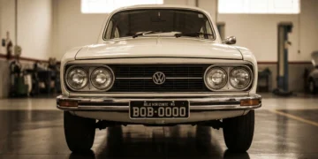 Fotografia realista de um Volkswagen clássico branco em oficina, destacando a nova lei reduz IR na venda de carros antigos