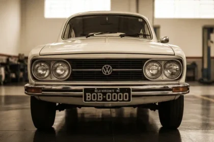 Fotografia realista de um Volkswagen cl&aacute;ssico branco em oficina, destacando a nova lei reduz IR na venda de carros antigos