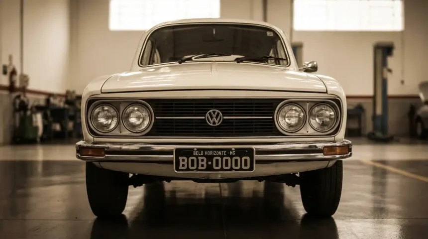 Saiba Como Economizar Imposto na Venda de Carros Antigos com a Nova Lei do Governo 1 Fotografia realista de um Volkswagen clássico branco em oficina, destacando a nova lei reduz IR na venda de carros antigos