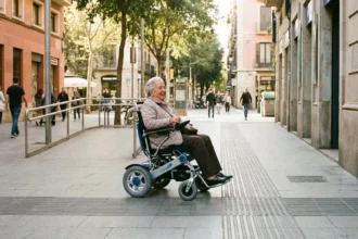 Pessoa idosa usando cadeira de rodas elétrica pagará IPVA em 2026 numa rua urbana acessível