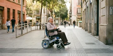 Pessoa idosa usando cadeira de rodas elétrica pagará IPVA em 2026 numa rua urbana acessível