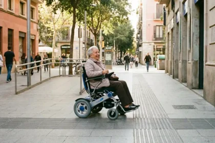 Pessoa idosa usando cadeira de rodas el&eacute;trica pagar&aacute; IPVA em 2026 numa rua urbana acess&iacute;vel