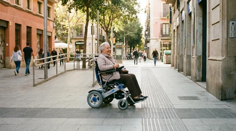 Pessoa idosa usando cadeira de rodas elétrica pagará IPVA em 2026 numa rua urbana acessível