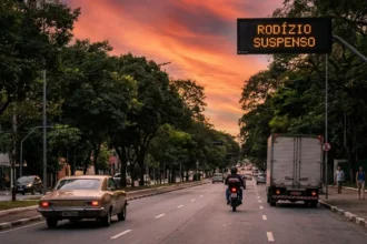 Imagem de via urbana de São Paulo com trânsito moderado, árvores ao fundo e céu de fim de tarde, ilustrando o rodízio São Paulo suspenso.