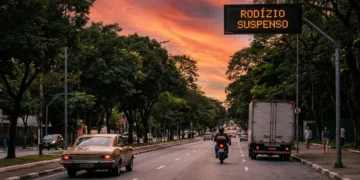 Imagem de via urbana de São Paulo com trânsito moderado, árvores ao fundo e céu de fim de tarde, ilustrando o rodízio São Paulo suspenso.