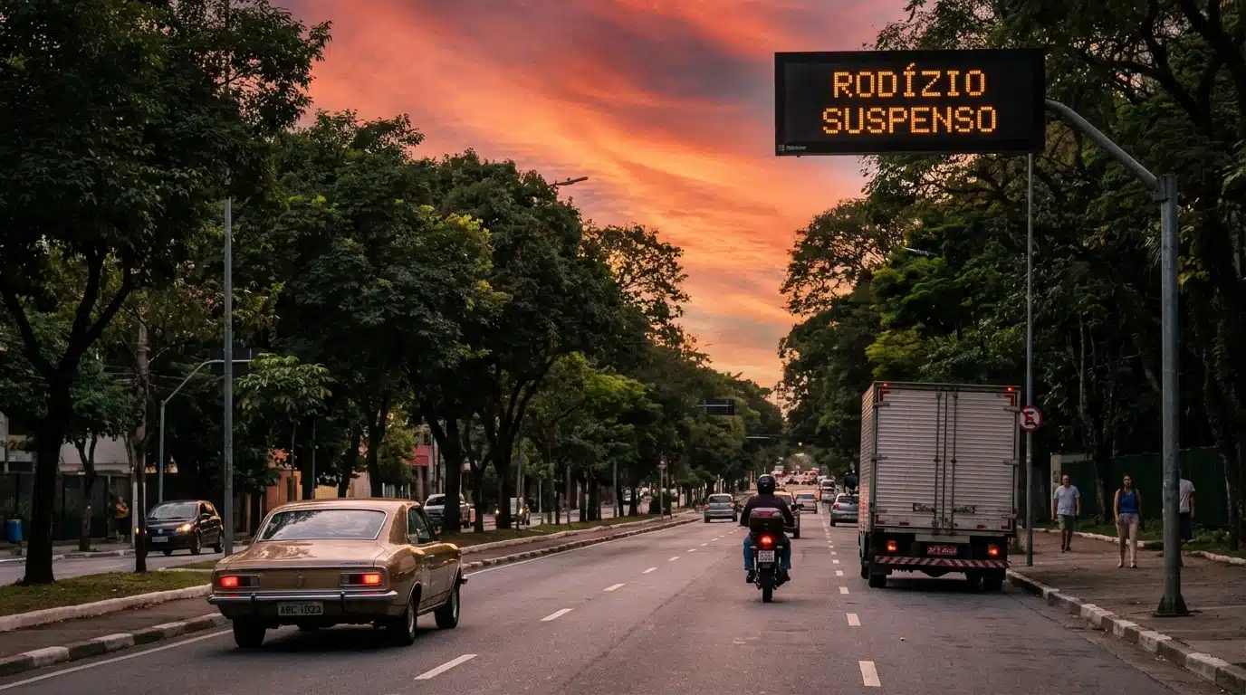 Imagem de via urbana de São Paulo com trânsito moderado, árvores ao fundo e céu de fim de tarde, ilustrando o rodízio São Paulo suspenso.