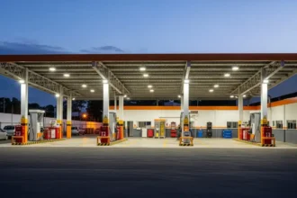 Imagem horizontal mostrando posto de combustíveis e oficina com sinais de atenção, fiscais em ação e elementos que representam os devedores contumazes câmara fecha