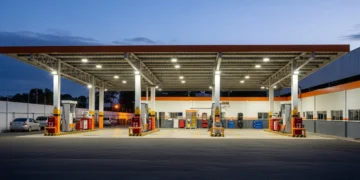 Imagem horizontal mostrando posto de combustíveis e oficina com sinais de atenção, fiscais em ação e elementos que representam os devedores contumazes câmara fecha