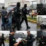 Cena de operação policial envolvendo agentes federais e suspeitos em instalação de combustíveis, hintando operação poço lobato fraude