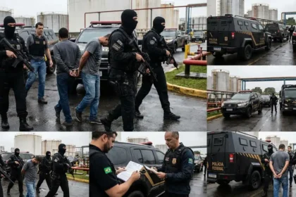 Cena de opera&ccedil;&atilde;o policial envolvendo agentes federais e suspeitos em instala&ccedil;&atilde;o de combust&iacute;veis, hintando opera&ccedil;&atilde;o po&ccedil;o lobato fraude