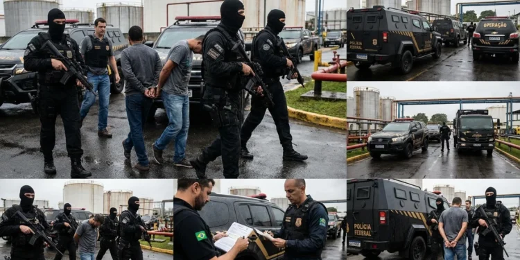 Cena de operação policial envolvendo agentes federais e suspeitos em instalação de combustíveis, hintando operação poço lobato fraude