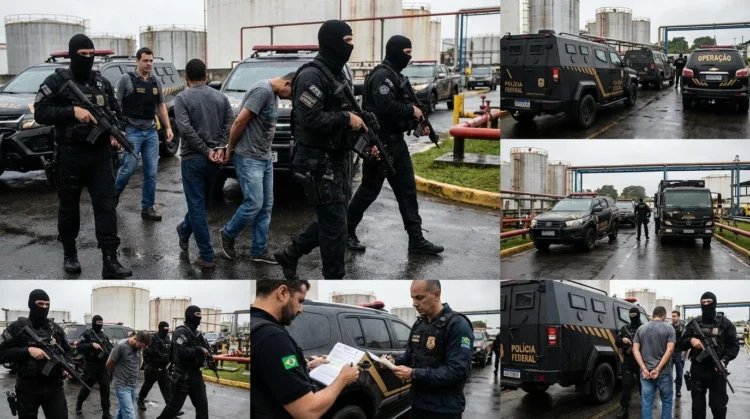 Cena de operação policial envolvendo agentes federais e suspeitos em instalação de combustíveis, hintando operação poço lobato fraude