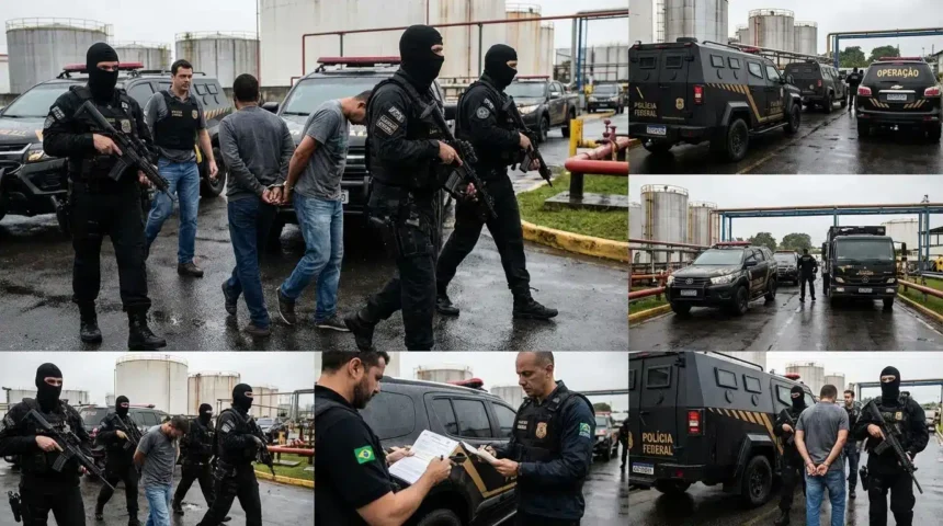 Cena de operação policial envolvendo agentes federais e suspeitos em instalação de combustíveis, hintando operação poço lobato fraude