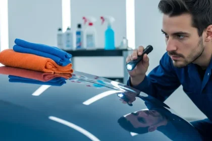 Cena de oficina com técnico inspecionando proteção de pintura automotiva, destacando detalhes com iluminação clínica e foco na superfície do carro