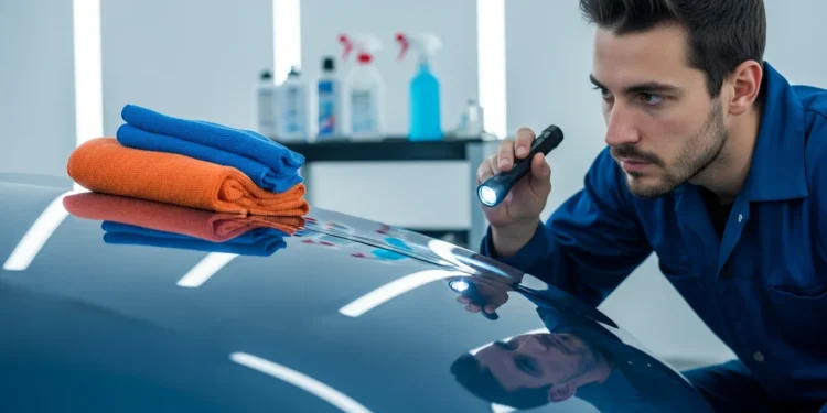 Proteção de Pintura Automotiva: Os Erros Que Você Precisa Evitar 2 Cena de oficina com técnico inspecionando proteção de pintura automotiva, destacando detalhes com iluminação clínica e foco na superfície do carro