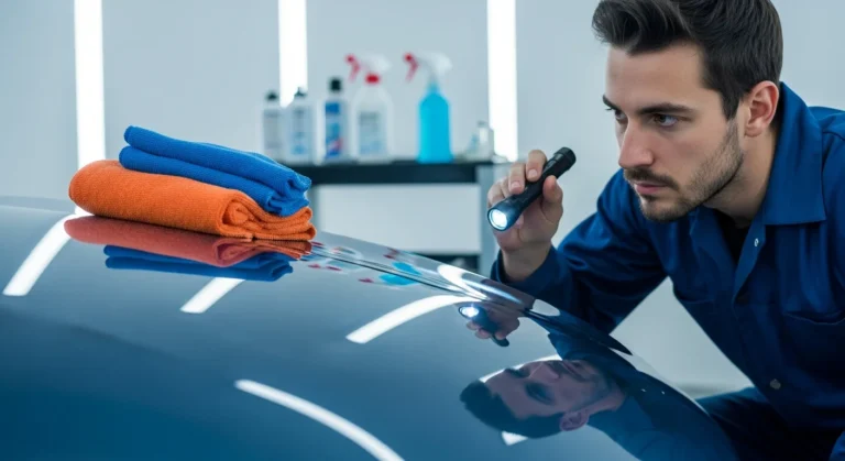 Cena de oficina com técnico inspecionando proteção de pintura automotiva, destacando detalhes com iluminação clínica e foco na superfície do carro