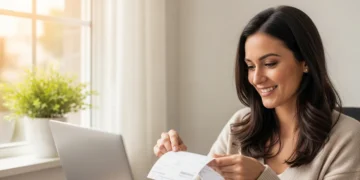 Pessoa segurando recibo do 13º salario com concessionária ao fundo, cores vibrantes de outono, decisão na expressão