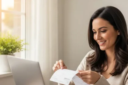 Pessoa segurando recibo do 13&ordm; salario com concession&aacute;ria ao fundo, cores vibrantes de outono, decis&atilde;o na express&atilde;o